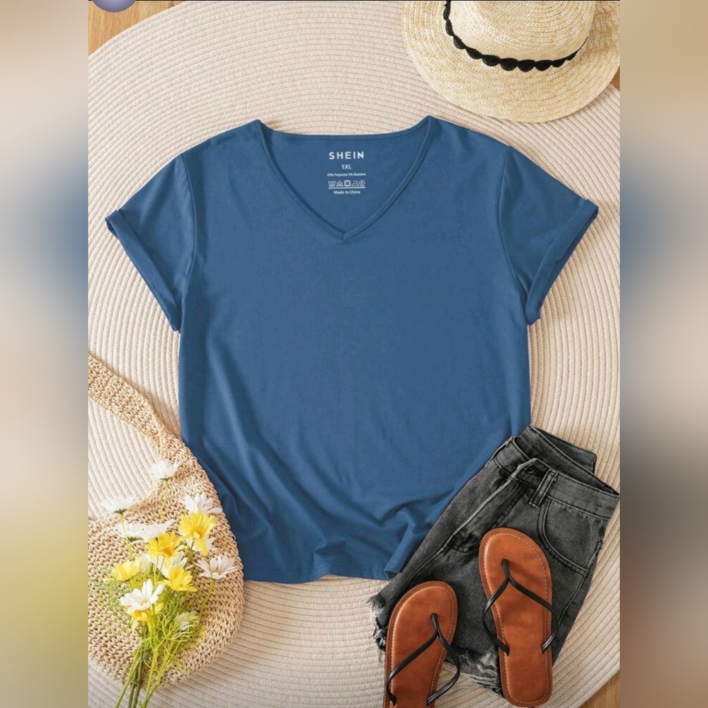 Plus Size Classic Blue V-Neck Tee